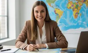 A smiling woman in a business suit sits at a desk with a map, holding a pen. A world map is on the wall behind her.