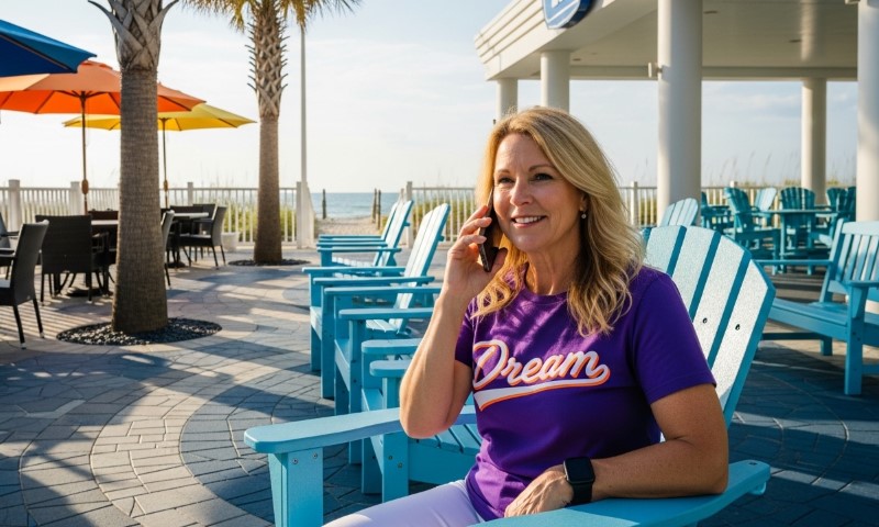 Smiling woman in a purple "Dream" shirt talks on the phone while sitting on a blue chair near a beach