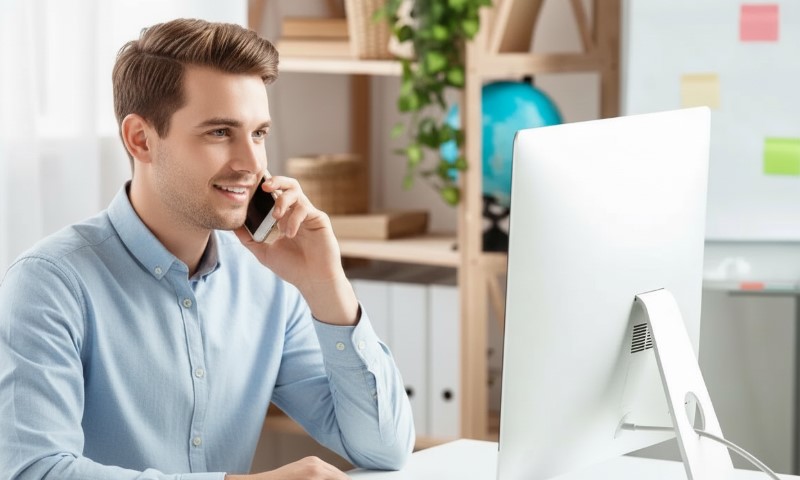 A man in a light blue shirt is smiling while talking on a phone, seated at a desk with a computer. A globe and shelves are visible in the background