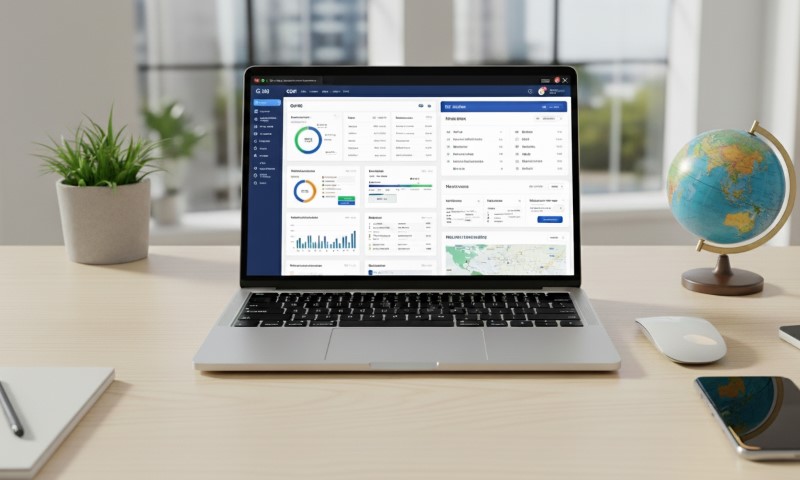 A laptop displaying a financial dashboard with charts and graphs sits on a desk