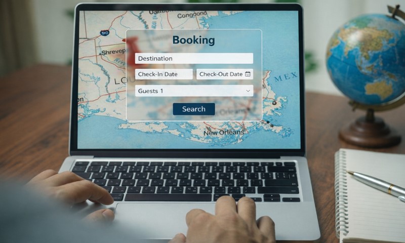Laptop displaying a booking form with destination, check-in and check-out dates, and guests fields. Background shows a map of Louisiana