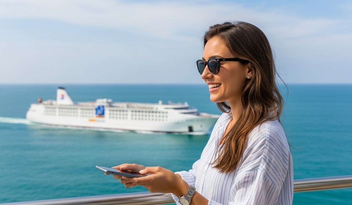 Woman using a smartphone on a balcony with a cruise ship in the ocean behind her
