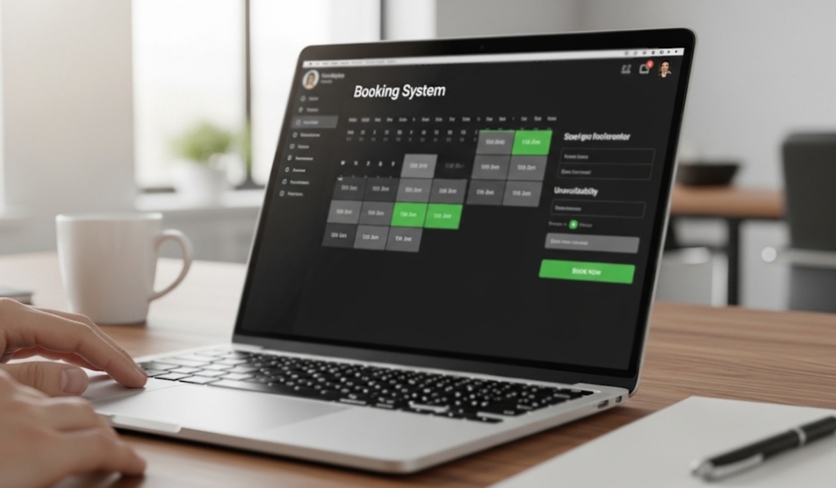 Laptop displaying a travel booking system dashboard on a desk in an office setting