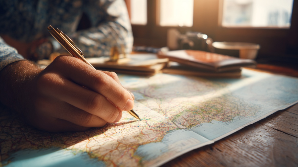 Person marking locations on a map at a desk while planning travel routes and business strategy