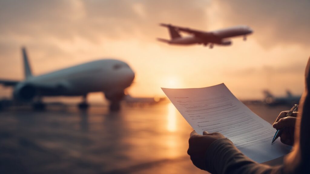 Person reviewing paperwork near airplanes on an airport runway at sunset with one plane taking off