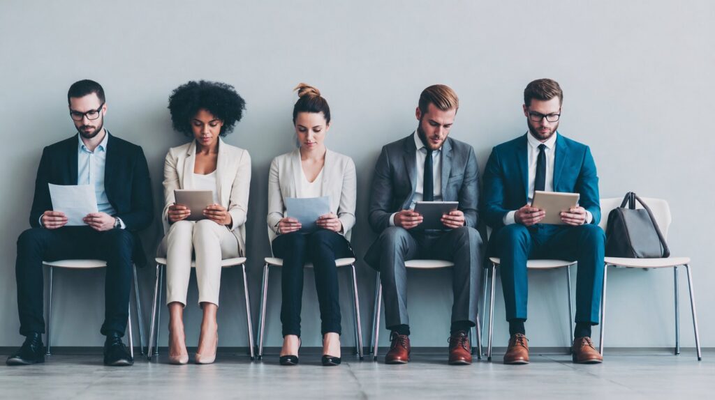 Five professionally dressed people seated in a row reviewing papers and tablets in a waiting area