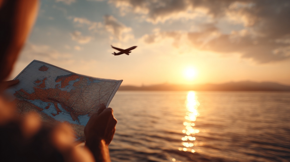 Person holding a map by the water at sunset with an airplane flying overhead