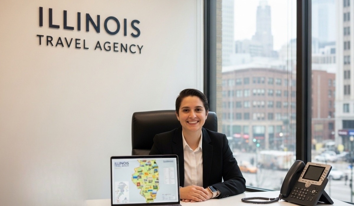 Travel agency professional seated at a desk in an Illinois office with city skyline in the background