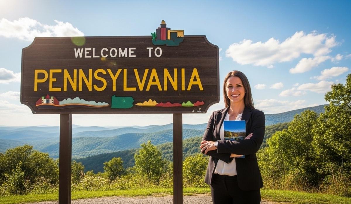 Woman standing beside a Welcome to Pennsylvania sign holding a travel brochure with mountains in the background