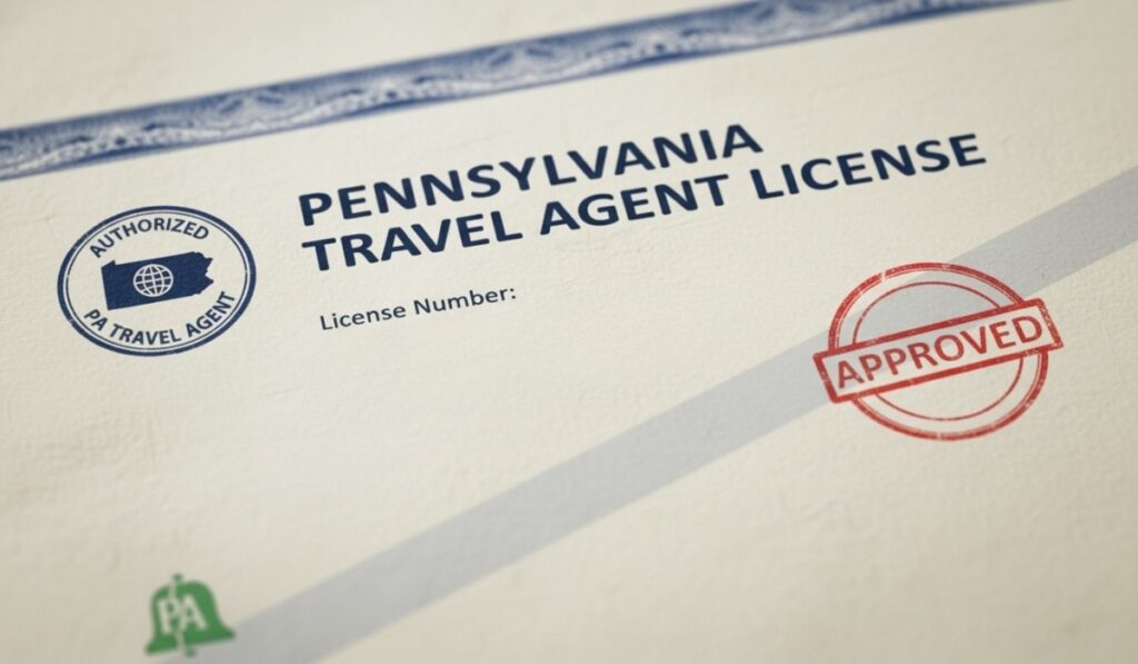 Certificate labeled Pennsylvania Travel Agent License with an approved stamp and official-style seal