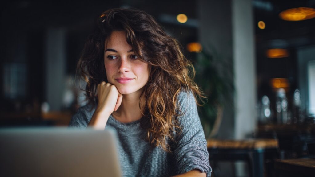 Woman sitting indoors and looking thoughtfully at a laptop screen