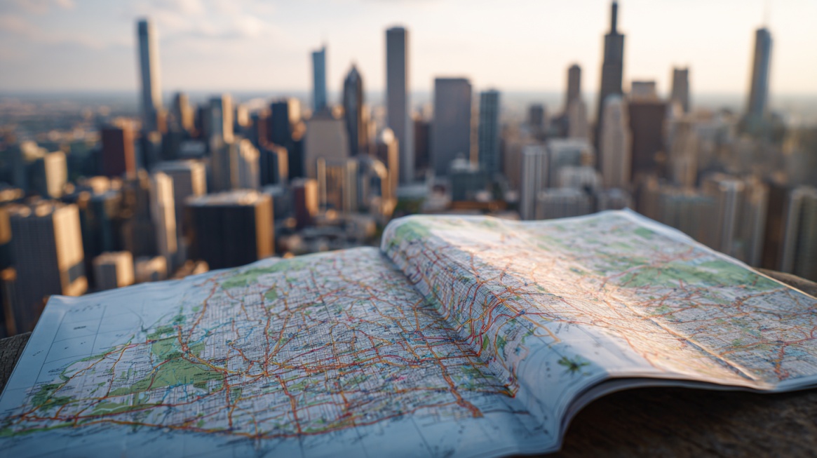 Open travel map in the foreground with a city skyline in the background, symbolizing travel planning and industry research