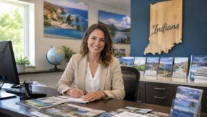A travel agent in Indiana helps clients plan trips from a bright local agency office