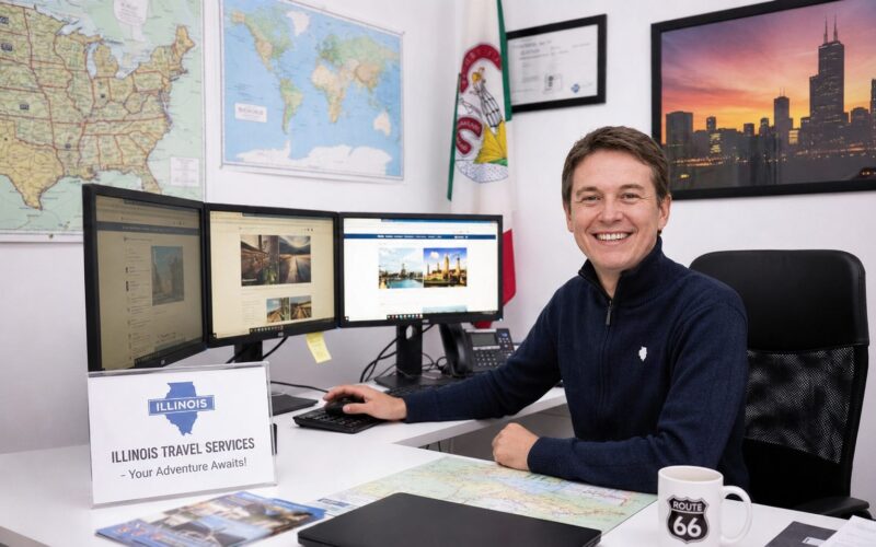 Travel Agent in Illinois sitting at a desk with three computer monitors, maps on the wall, and an Illinois Travel Services sign in the office