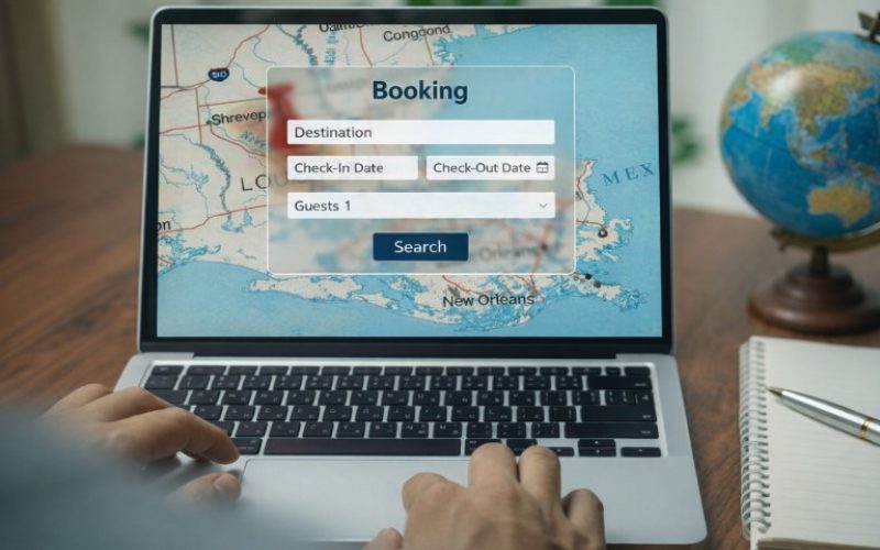 Laptop displaying a booking form with destination, check-in and check-out dates, and guests fields. Background shows a map of Louisiana
